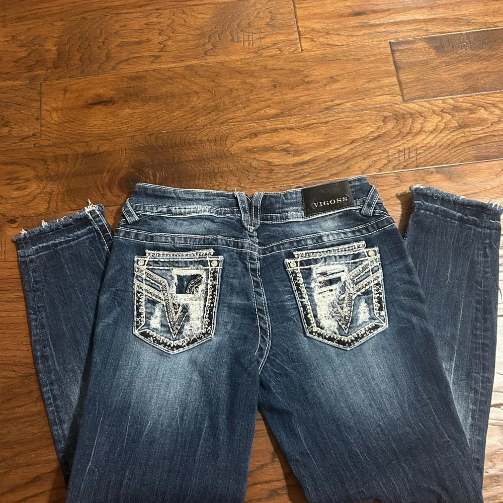 Vigoss Women's Dark Blue raw hem distressed Jeans with double bottom 9/10 - Picture 2 of 4